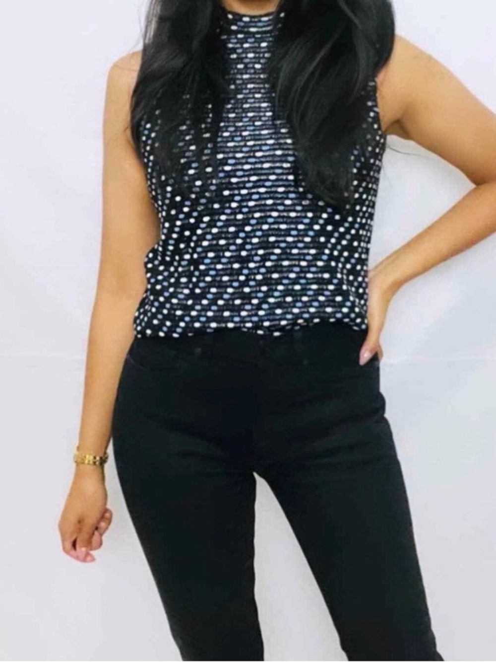 St. John Black Sleeveless Crop Top with White and Light Blue Dots